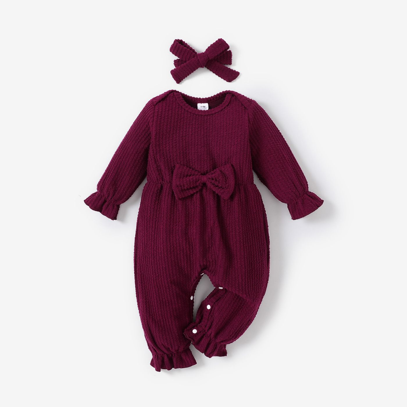100% Cotton 2pcs Baby Solid Ribbed Long-sleeve Bowknot Ruffle Jumpsuit Set
