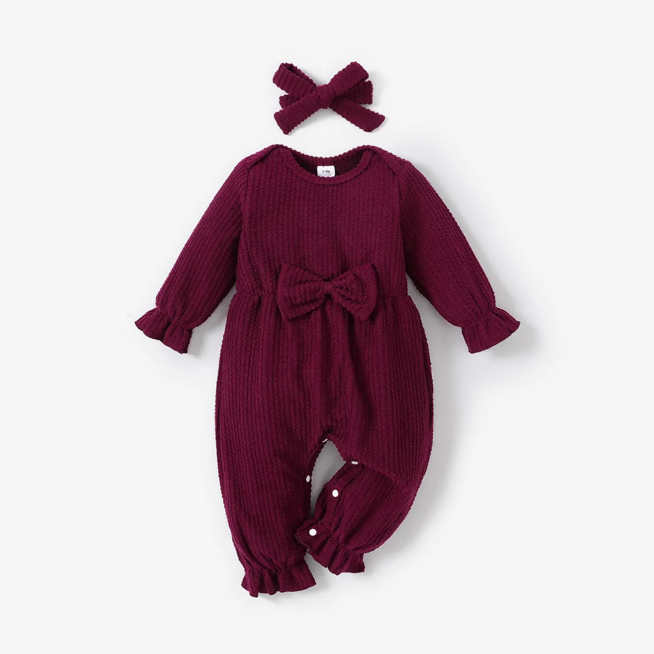 100% Cotton 2pcs Baby Solid Ribbed Long-sleeve Bowknot Ruffle Jumpsuit Set Brick red big image 1