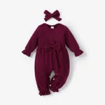 100% Cotton 2pcs Baby Solid Ribbed Long-sleeve Bowknot Ruffle Jumpsuit Set Brick red