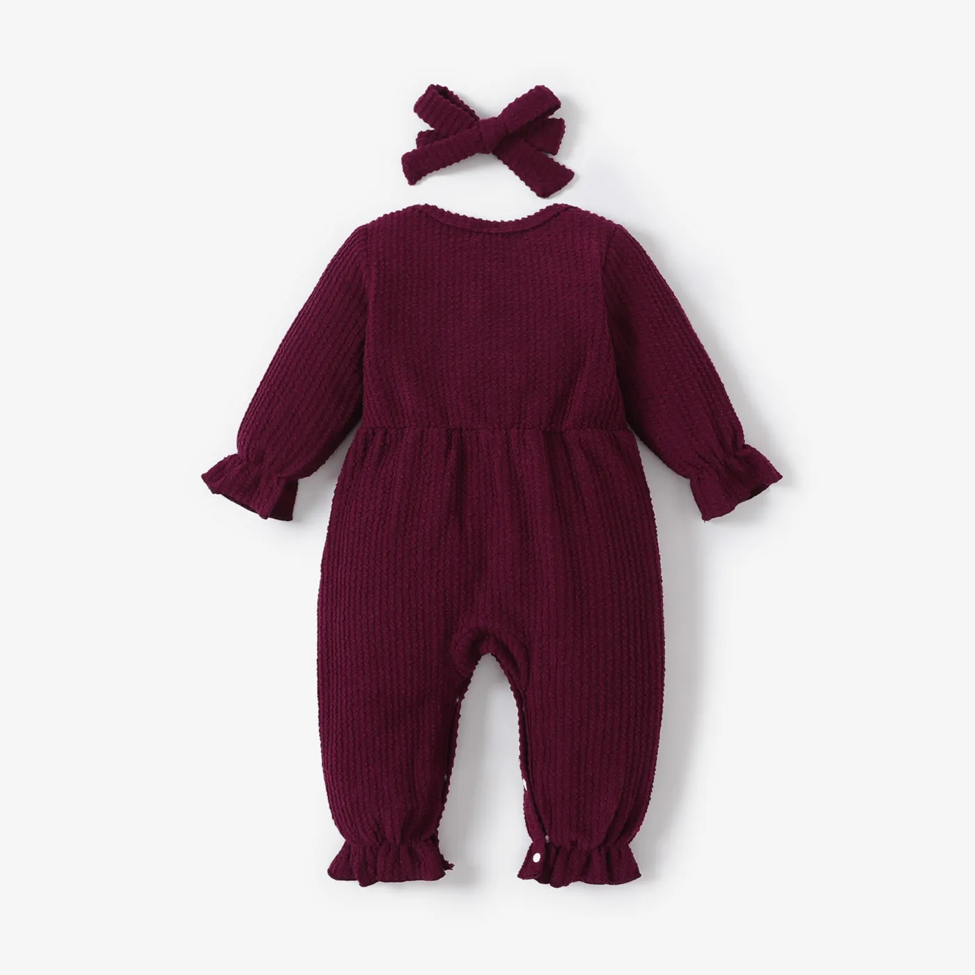 100% Cotton 2pcs Baby Solid Ribbed Long-sleeve Bowknot Ruffle Jumpsuit Set Brick red image 2