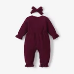 100% Cotton 2pcs Baby Solid Ribbed Long-sleeve Bowknot Ruffle Jumpsuit Set Brick red image 2