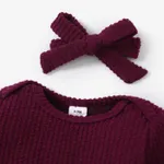 100% Cotton 2pcs Baby Solid Ribbed Long-sleeve Bowknot Ruffle Jumpsuit Set Brick red image 3