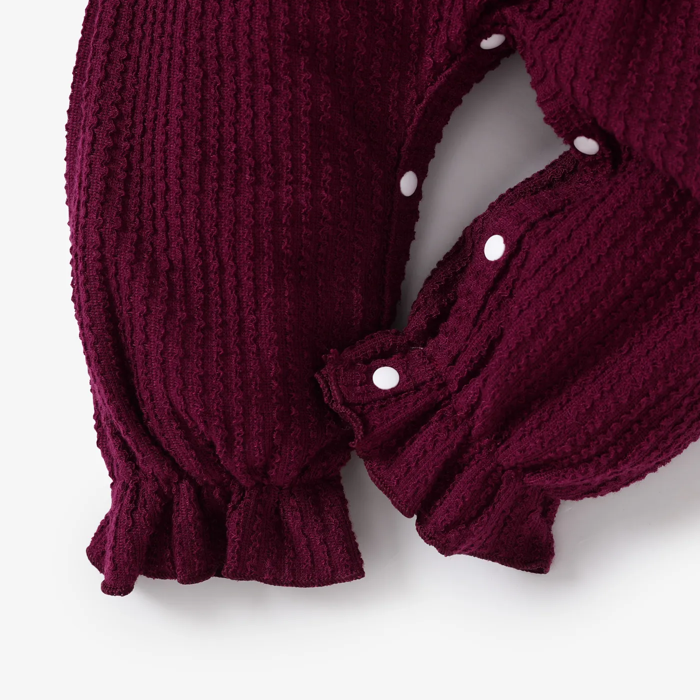 100% Cotton 2pcs Baby Solid Ribbed Long-sleeve Bowknot Ruffle Jumpsuit Set Brick red image 5