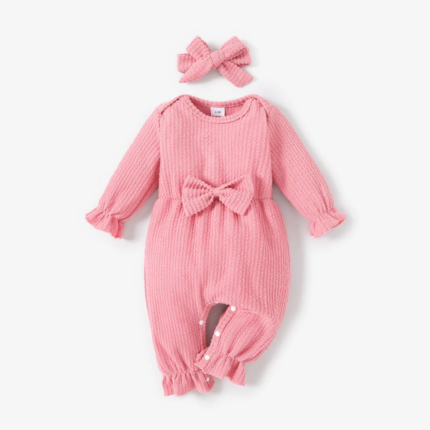 100% Cotton 2pcs Baby Solid Ribbed Long-sleeve Bowknot Ruffle Jumpsuit Set Pink