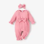 100% Cotton 2pcs Baby Solid Ribbed Long-sleeve Bowknot Ruffle Jumpsuit Set Pink