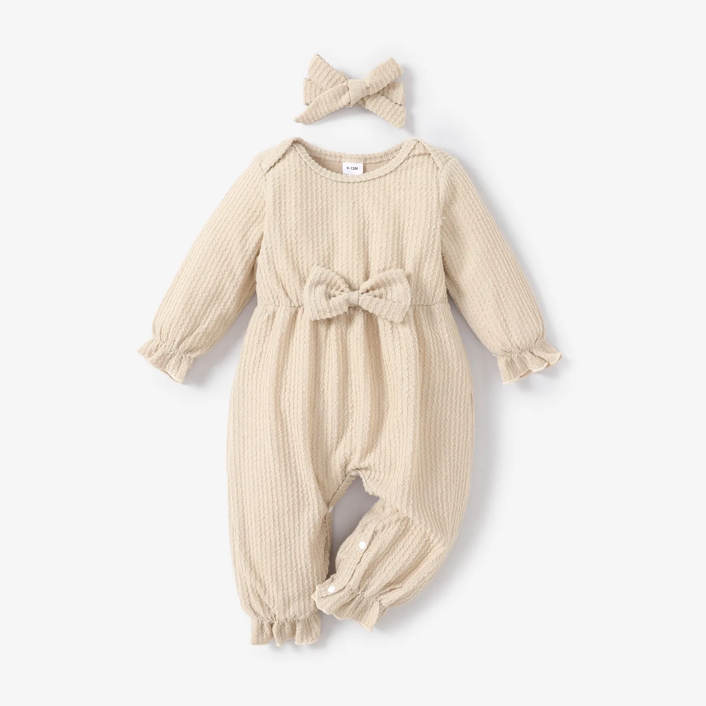 100% Cotton 2pcs Baby Solid Ribbed Long-sleeve Bowknot Ruffle Jumpsuit Set Apricot