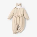 100% Cotton 2pcs Baby Solid Ribbed Long-sleeve Bowknot Ruffle Jumpsuit Set Apricot