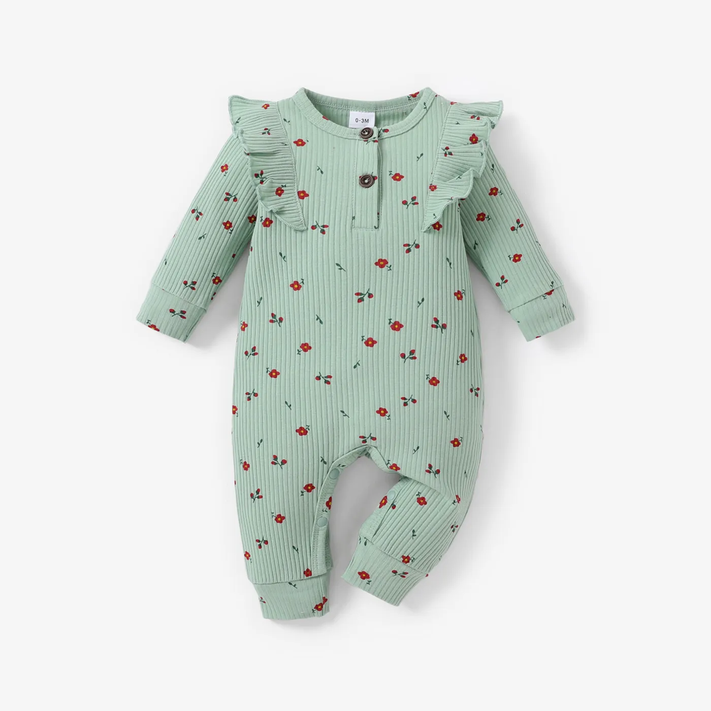 Baby Girl 95% Cotton Allover Floral Print Ruffled Rib-knit Jumpsuit  Green big image 1