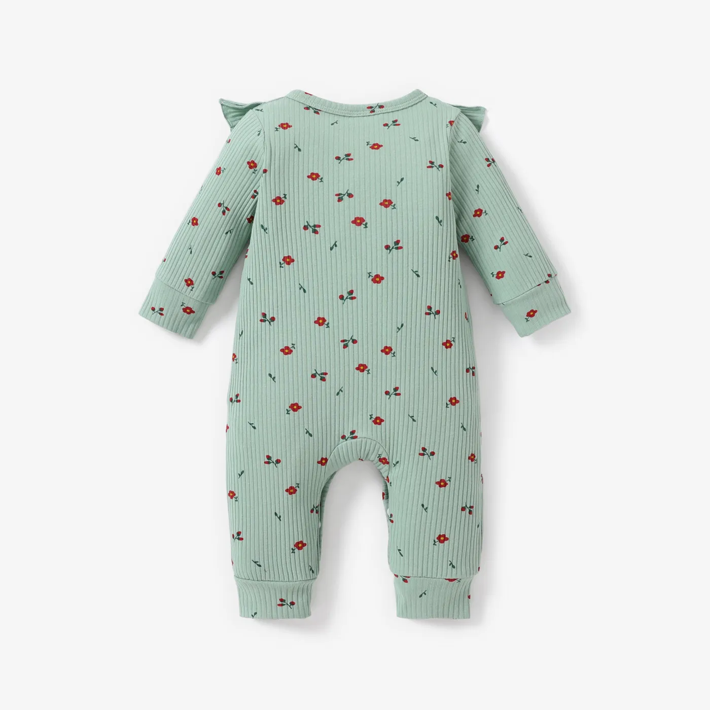 Baby Girl 95% Cotton Allover Floral Print Ruffled Rib-knit Jumpsuit  Green image 2