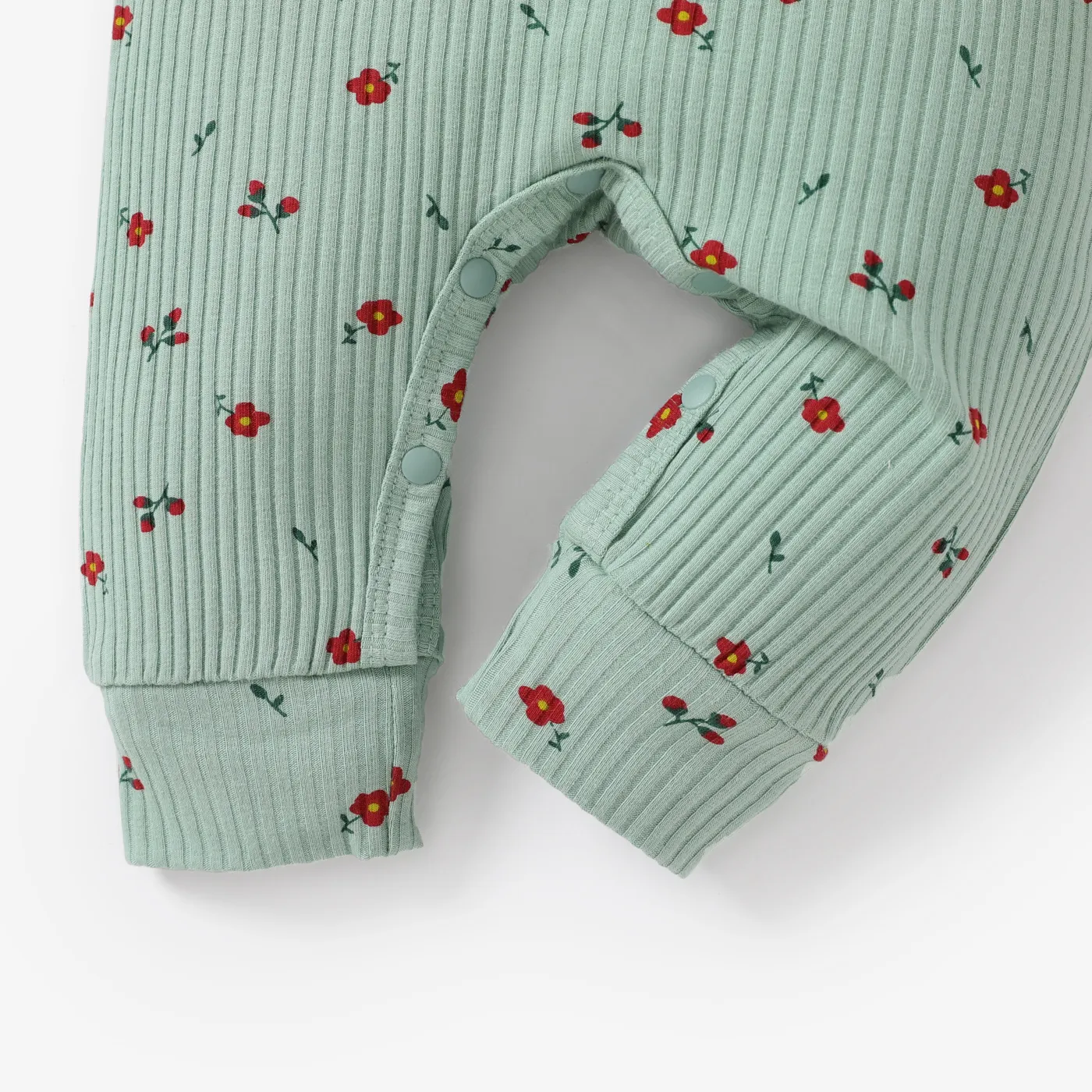 Baby Girl 95% Cotton Allover Floral Print Ruffled Rib-knit Jumpsuit  Green image 5