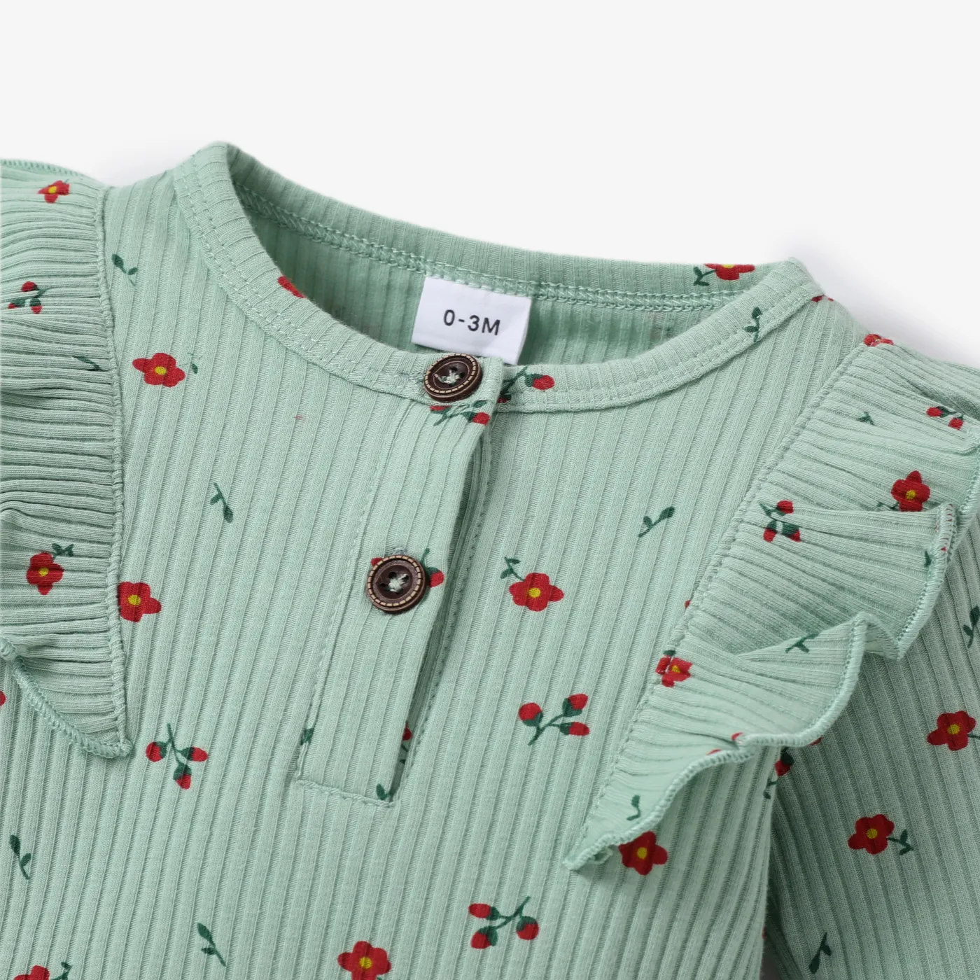 Baby Girl 95% Cotton Allover Floral Print Ruffled Rib-knit Jumpsuit  Green image 3