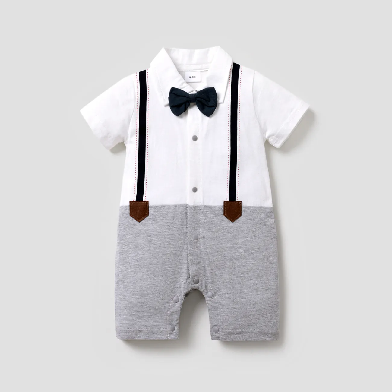 100% Cotton Faux-two Design Bow Tie Decor Short-sleeve Baby Romper White big image 1