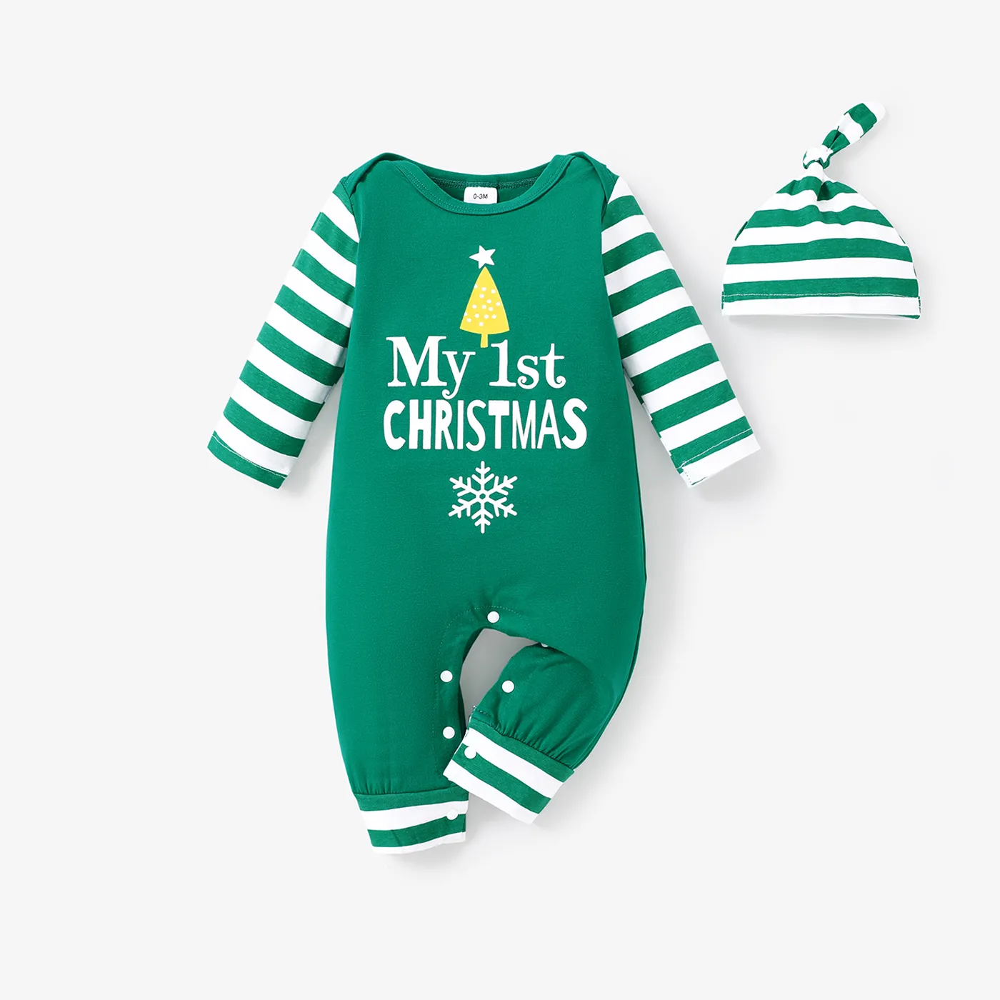 Christmas 2pcs Baby Boy/Girl 95% Cotton Striped Long-sleeve Letter Print Jumpsuit with Hat Set Green