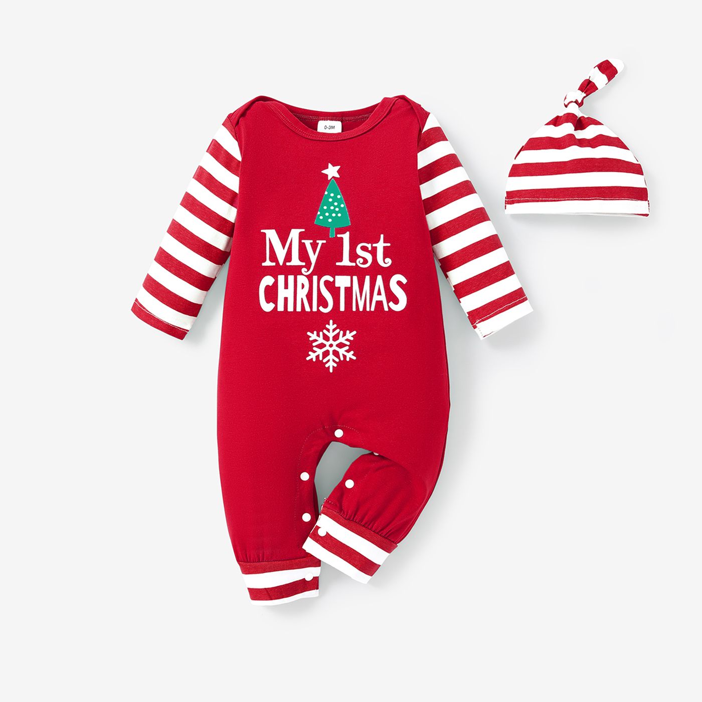 Christmas 2pcs Baby Boy/Girl 95% Cotton Striped Long-sleeve Letter Print Jumpsuit With Hat Set
