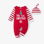 Christmas 2pcs Baby Boy/Girl 95% Cotton Striped Long-sleeve Letter Print Jumpsuit with Hat Set Red