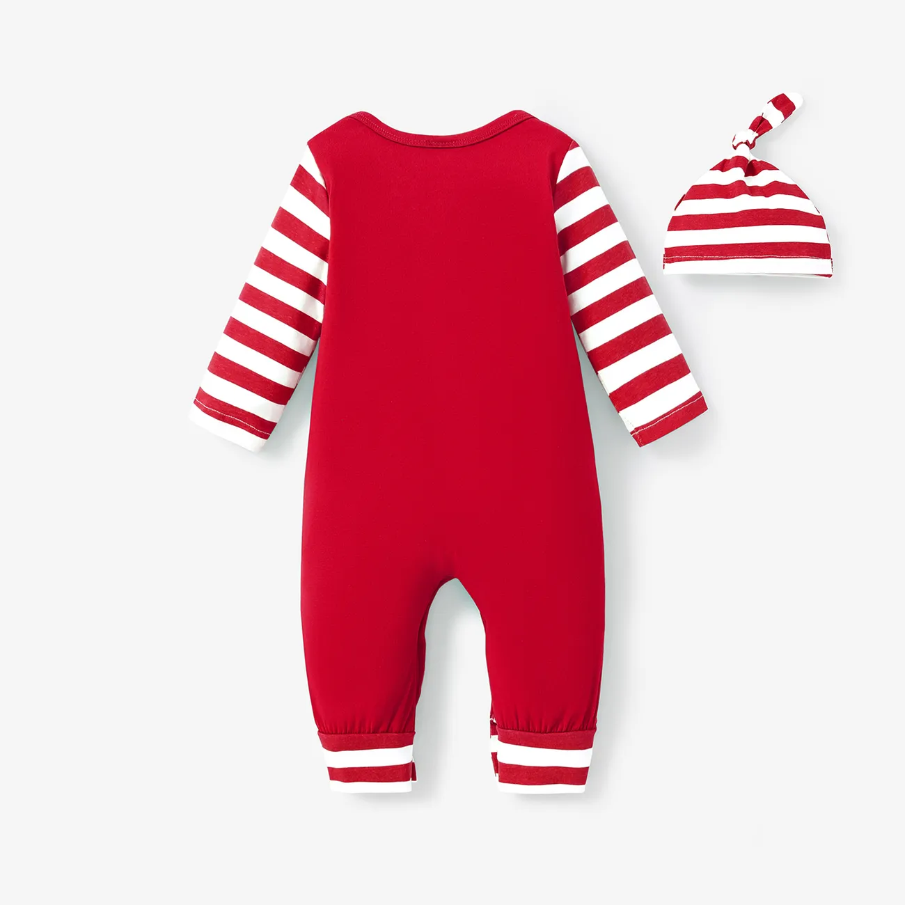 Christmas 2pcs Baby Boy/Girl 95% Cotton Striped Long-sleeve Letter Print Jumpsuit with Hat Set Red big image 1