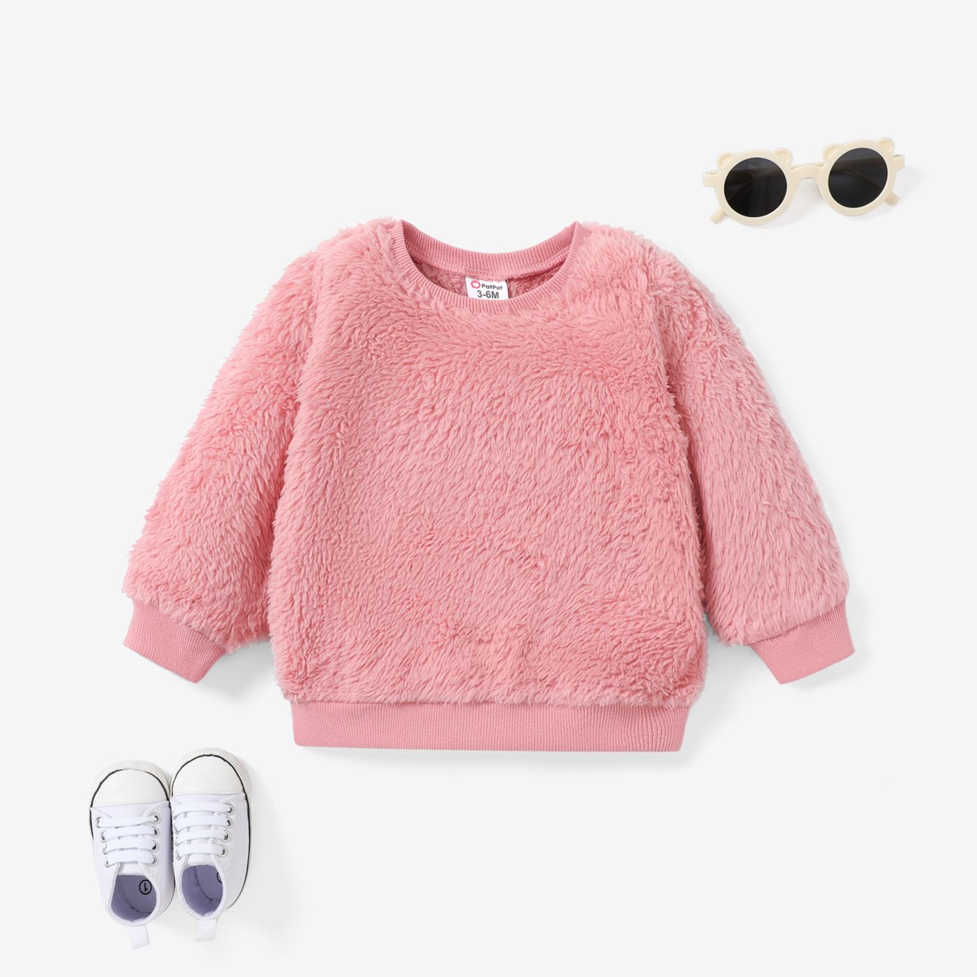 Baby Girl Cotton Long-sleeve Solid Fluffy Fleece Pullover