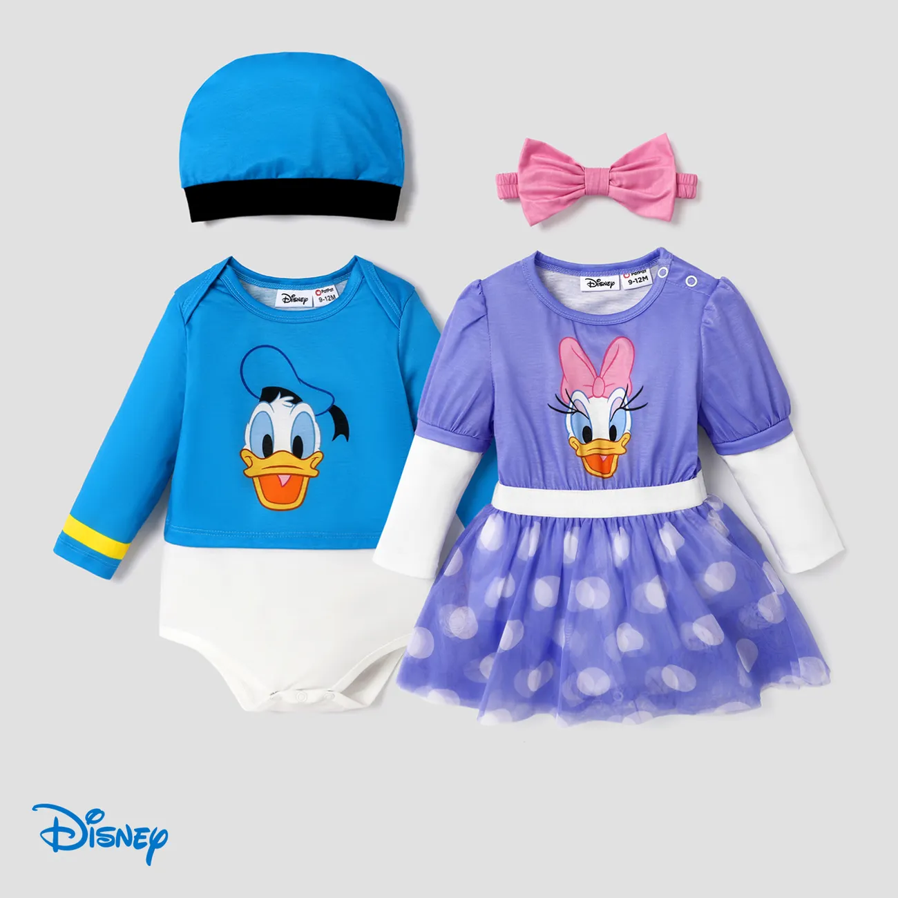Disney Mickey and Friends Baby Boy/Girl Character Print Long-sleeve Jumpsuit with Hat/Bow Tie Purple big image 1