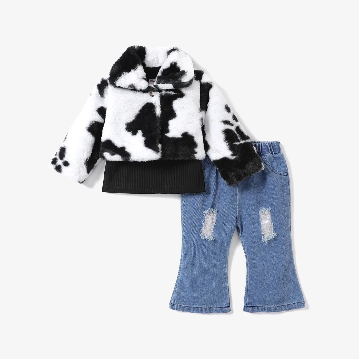 

3-Pack Baby Girl Cow Print Faux Fur Coat and Solid Ribbed Mock Neck Long-sleeve Top with Ripped Flared Jeans Set