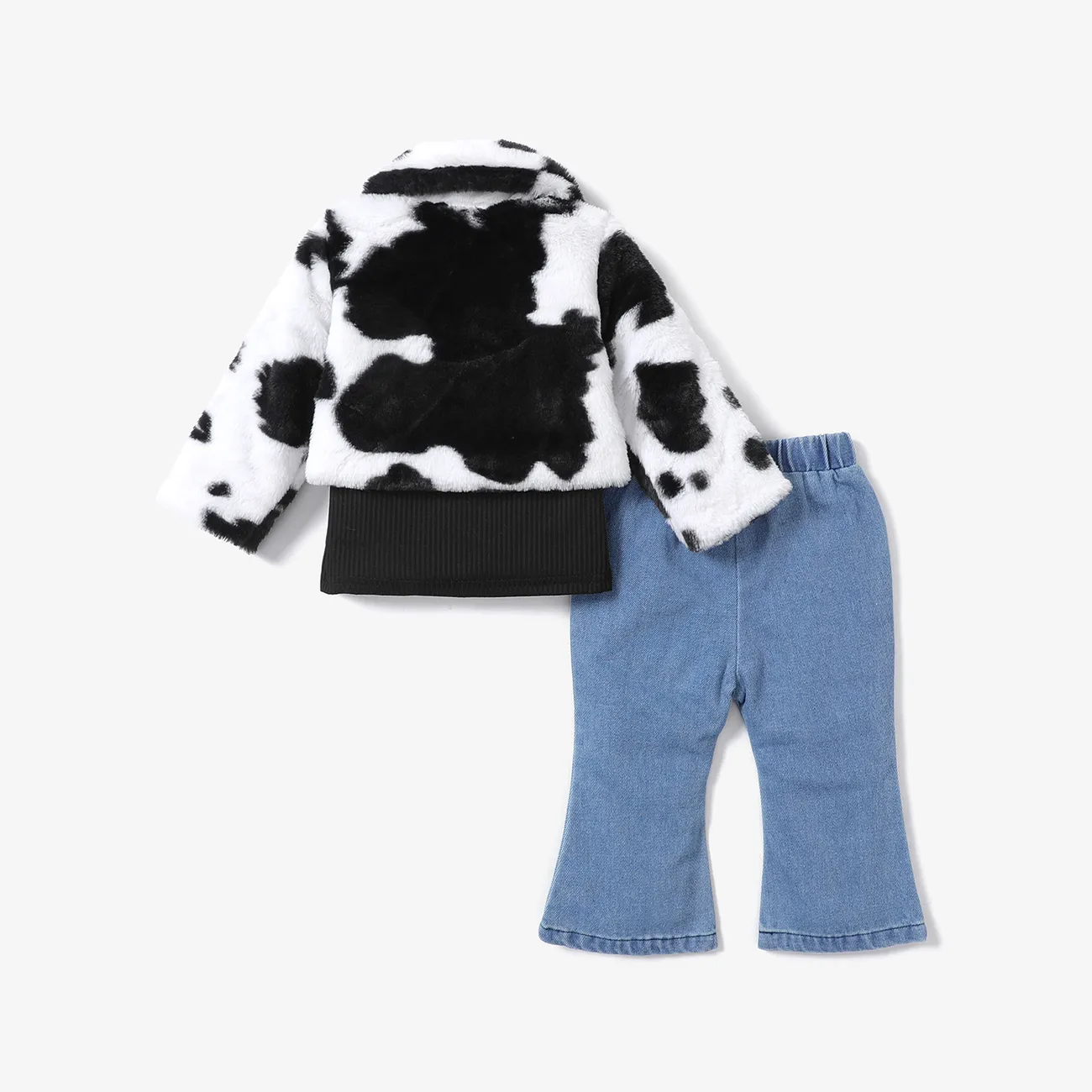 3-Pack Baby Girl Cow Print Faux Fur Coat and Solid Ribbed Mock Neck Long-sleeve Top with Ripped Flared Jeans Set Black/White big image 1