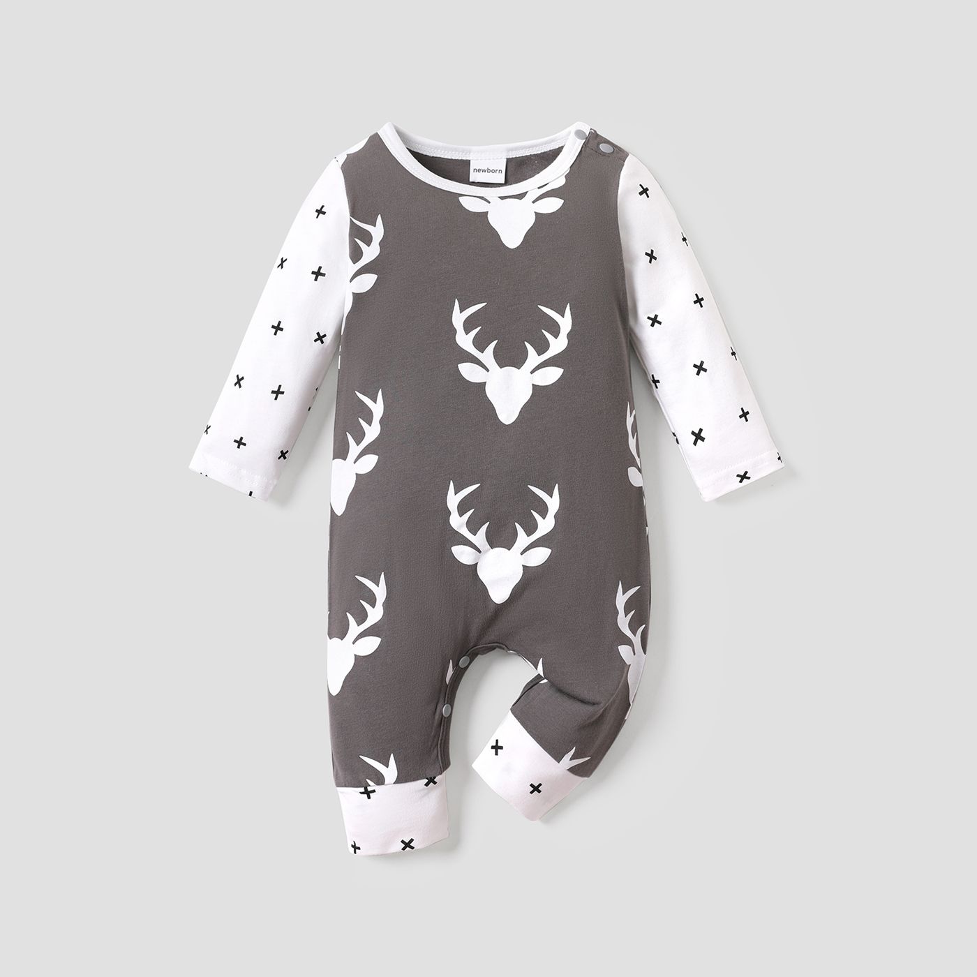 

100% Cotton Reindeer Print Color Block Long-sleeve Baby Jumpsuit
