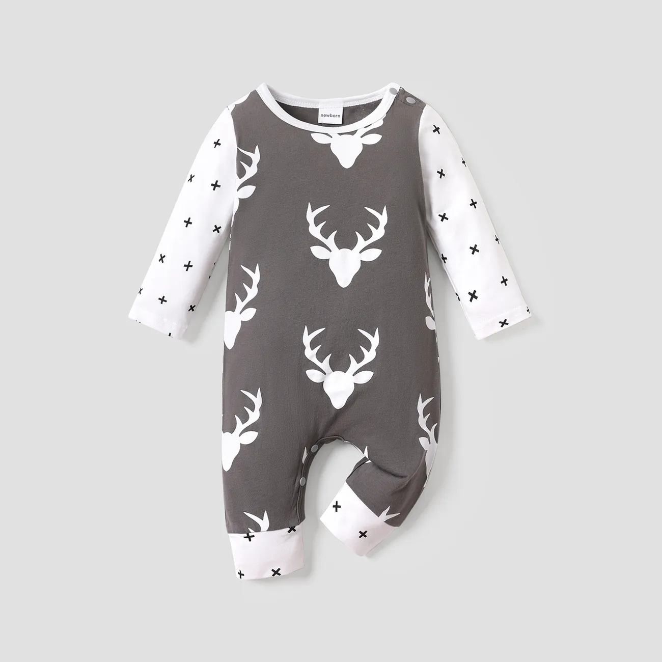 100% Cotton Reindeer Print Color Block Long-sleeve Baby Jumpsuit Grey big image 1