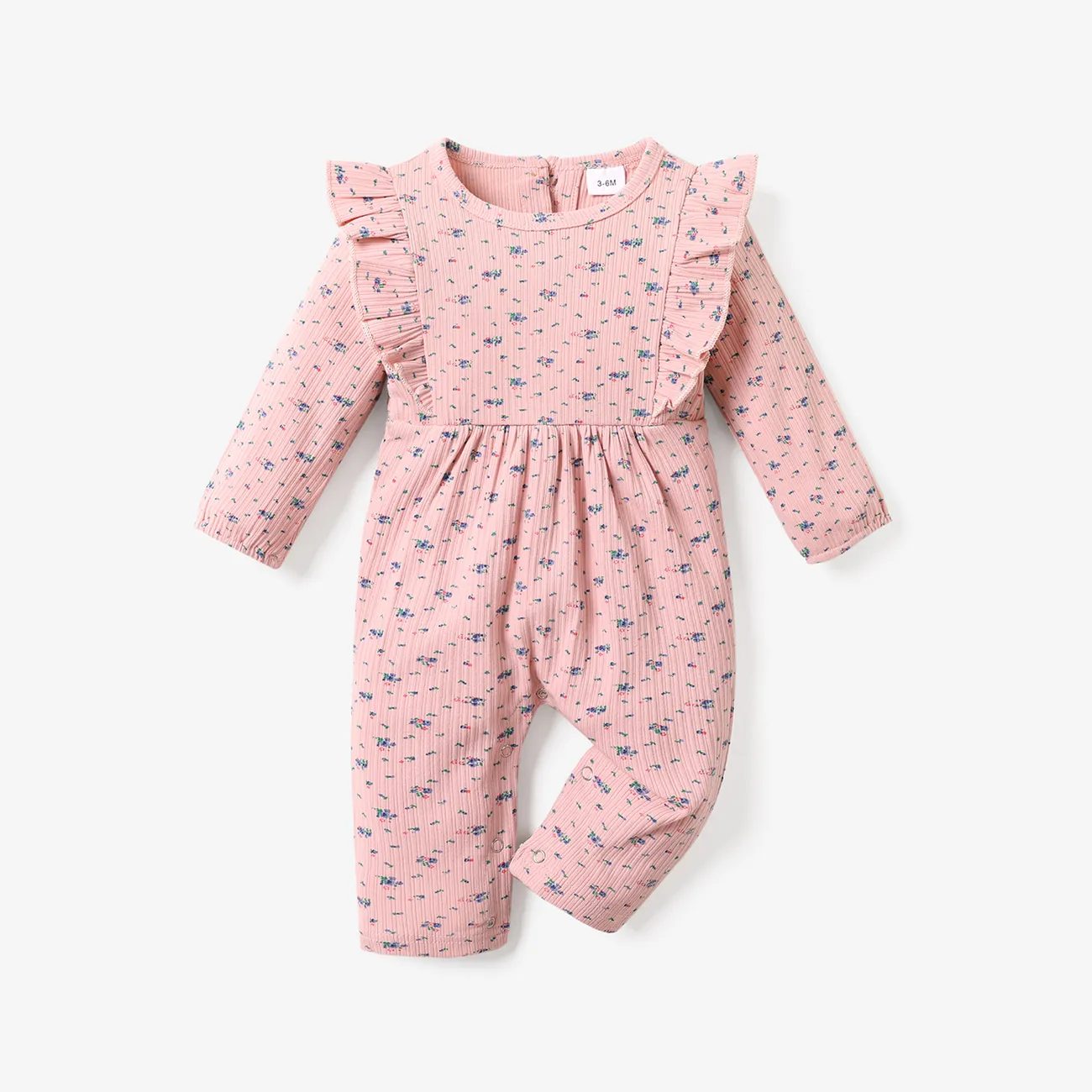Ribbed Floral Allover Ruffle Decor Long-sleeve Baby Jumpsuit Pink big image 1