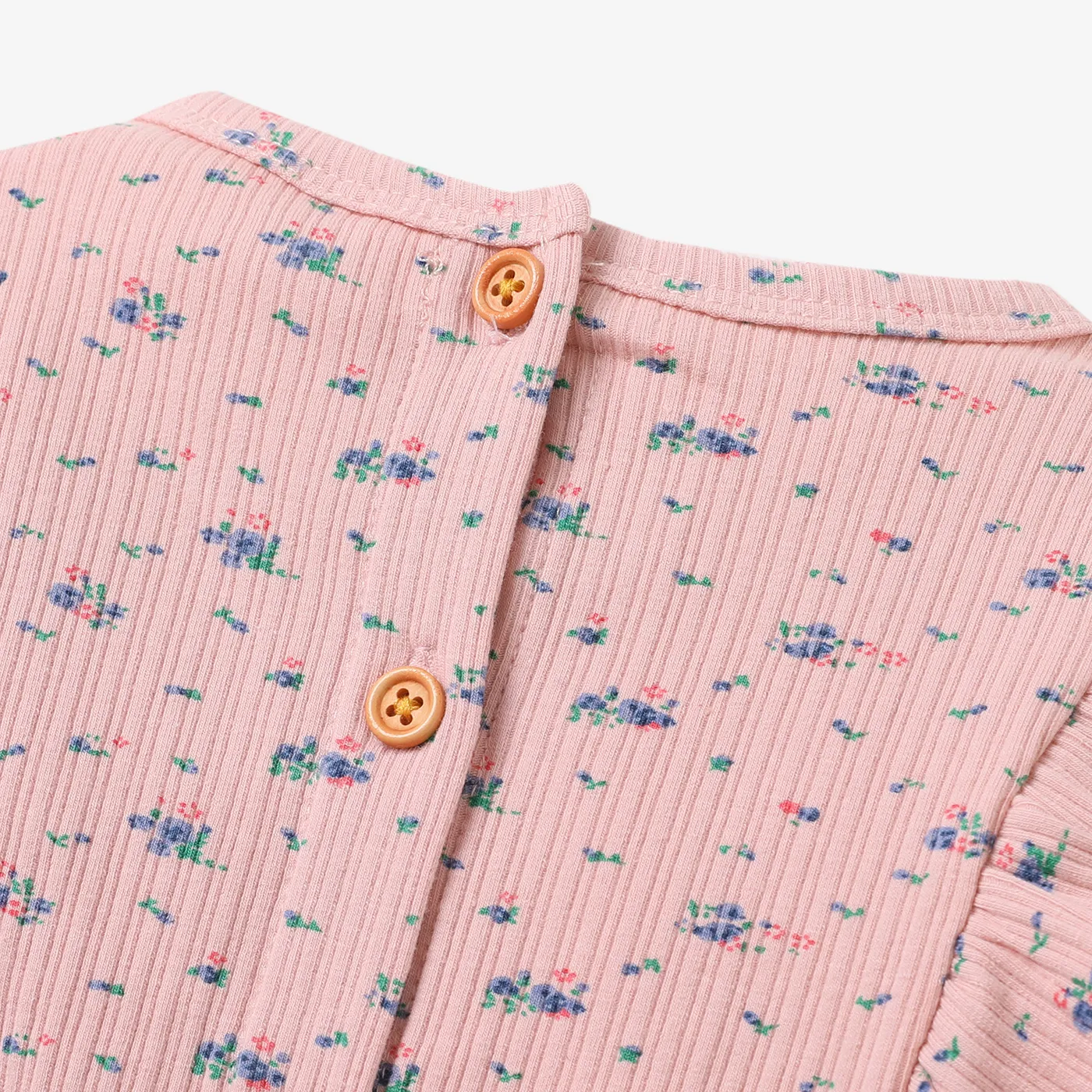 Ribbed Floral Allover Ruffle Decor Long-sleeve Baby Jumpsuit Pink image 3