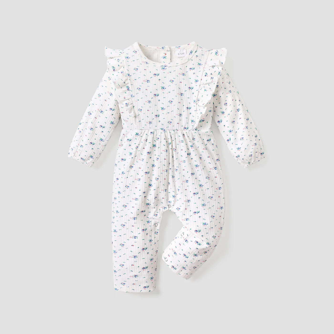 Ribbed Floral Allover Ruffle Decor Long-sleeve Baby Jumpsuit White