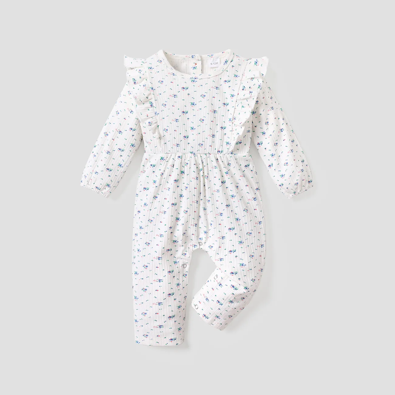 Ribbed Floral Allover Ruffle Decor Long-sleeve Baby Jumpsuit White big image 1