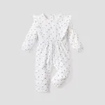 Ribbed Floral Allover Ruffle Decor Long-sleeve Baby Jumpsuit White