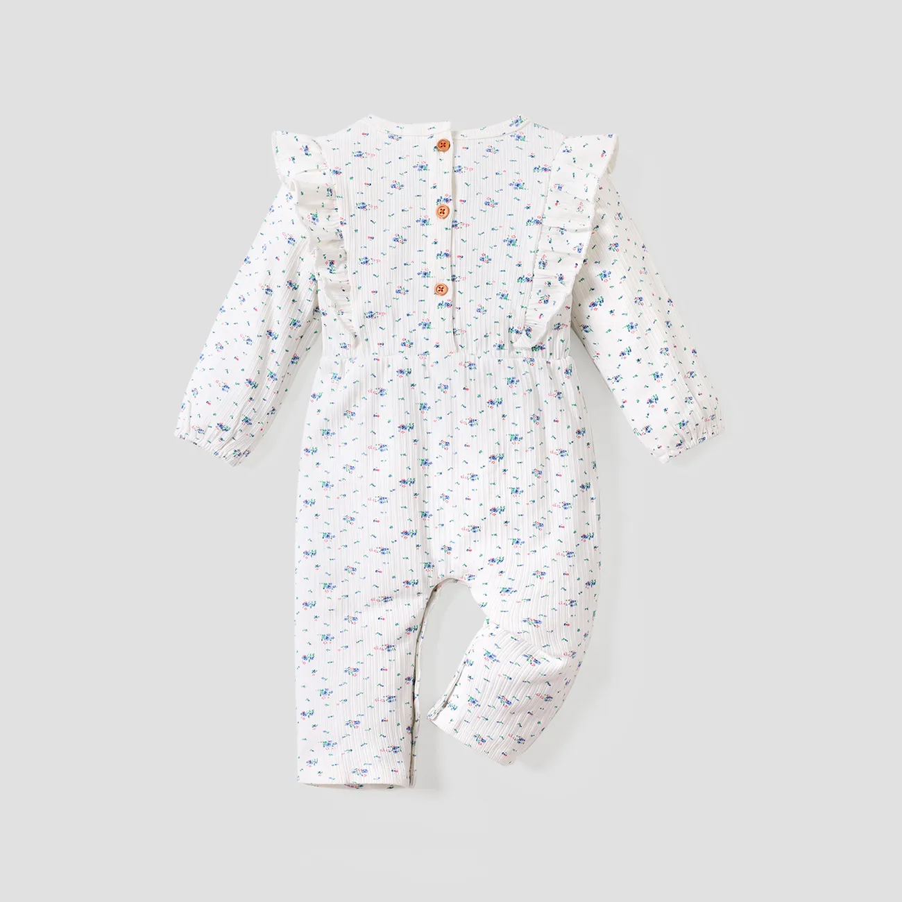 Ribbed Floral Allover Ruffle Decor Long-sleeve Baby Jumpsuit White big image 1
