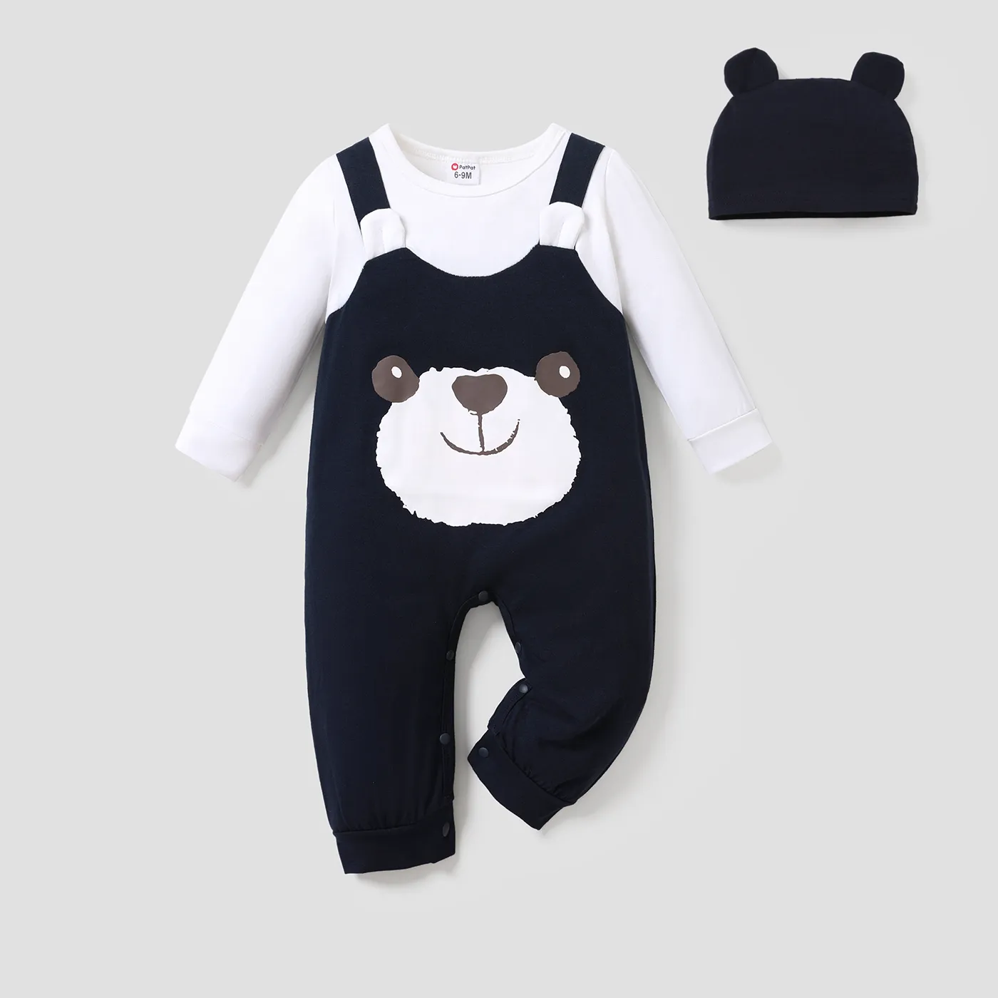 2pcs Baby Boy 95% Cotton Long-sleeve Faux-two Cartoon Panda Jumpsuit with Hat Set
