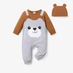 2pcs Baby Boy 95% Cotton Long-sleeve Faux-two Cartoon Panda Jumpsuit with Hat Set Brown