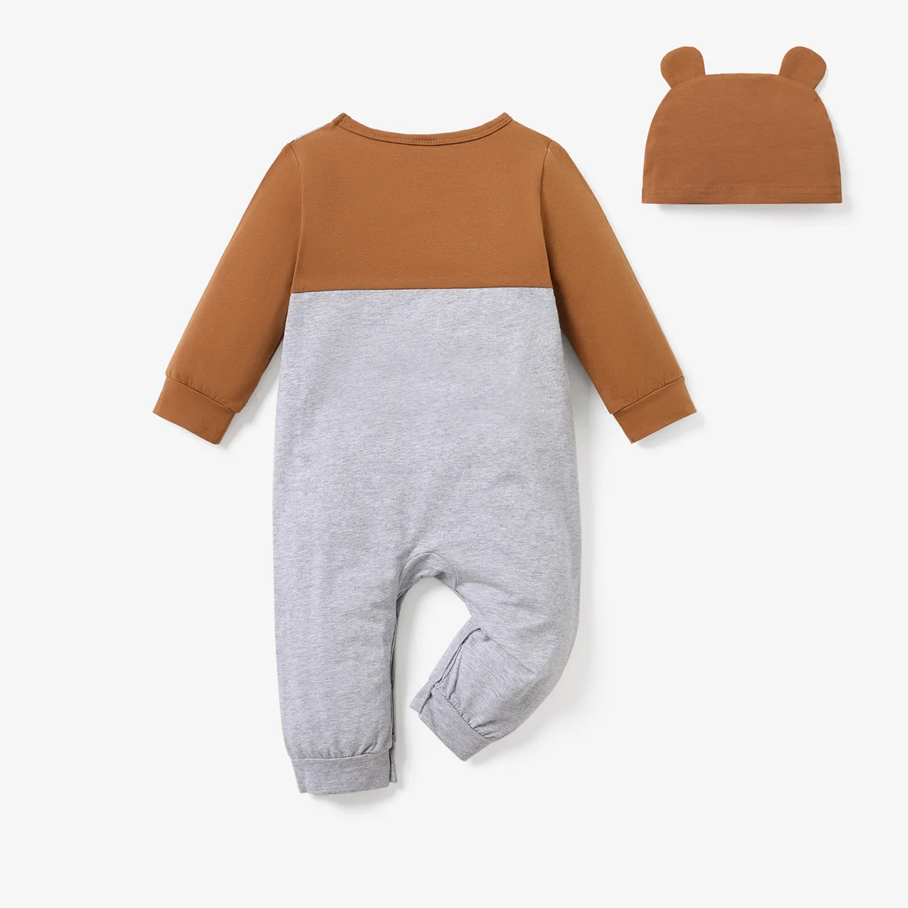 2pcs Baby Boy 95% Cotton Long-sleeve Faux-two Cartoon Panda Jumpsuit with Hat Set Brown big image 1