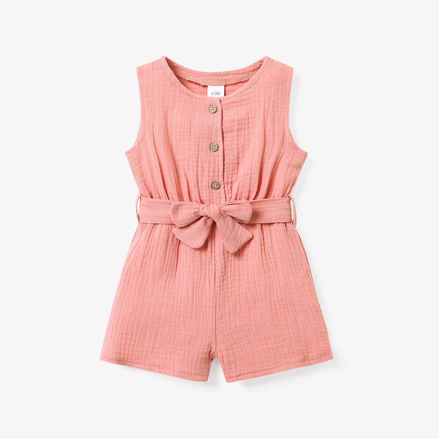 Baby Girl 95% Cotton Crepe Sleeveless Button Up Belted Romper
