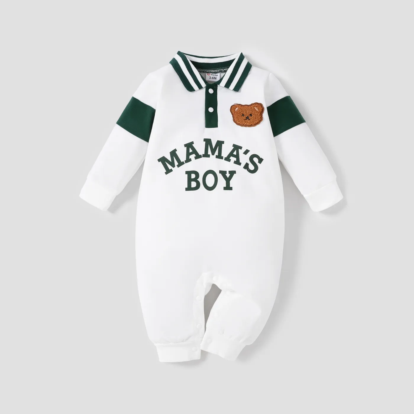 Baby Boy Buttons Front Letters & Bear Graphic Lapel Collar Long-sleeve Jumpsuit