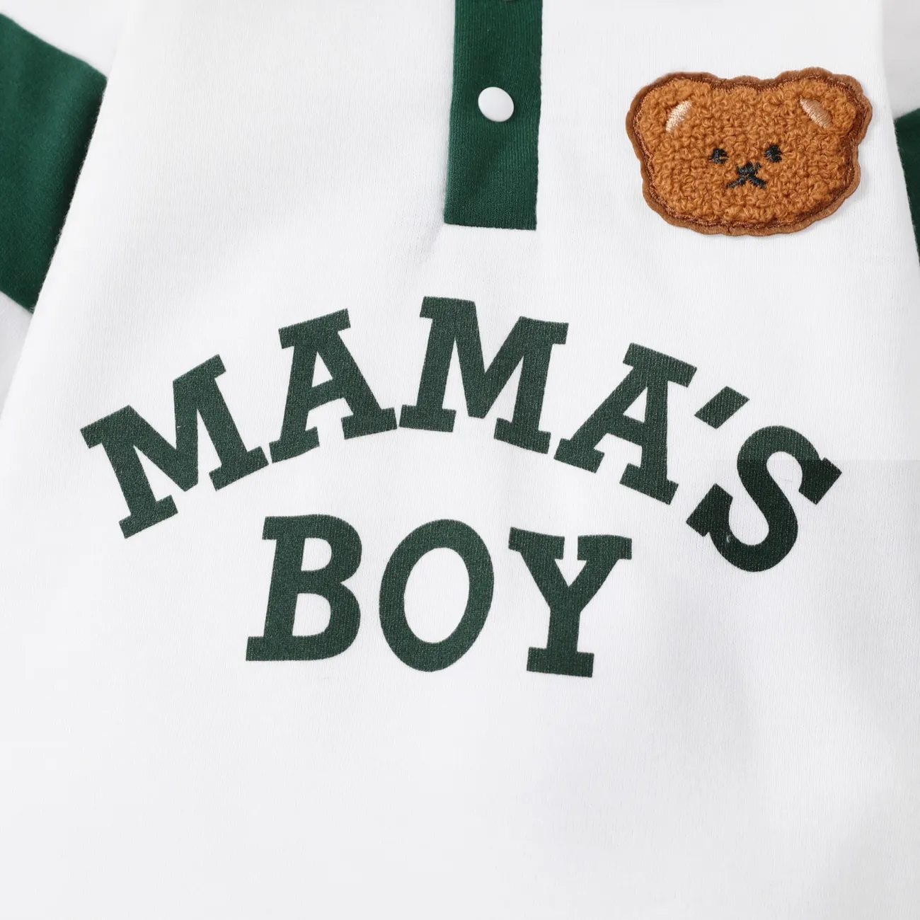 Baby Boy Buttons Front Letters & Bear Graphic Lapel Collar Long-sleeve Jumpsuit  OffWhite big image 1