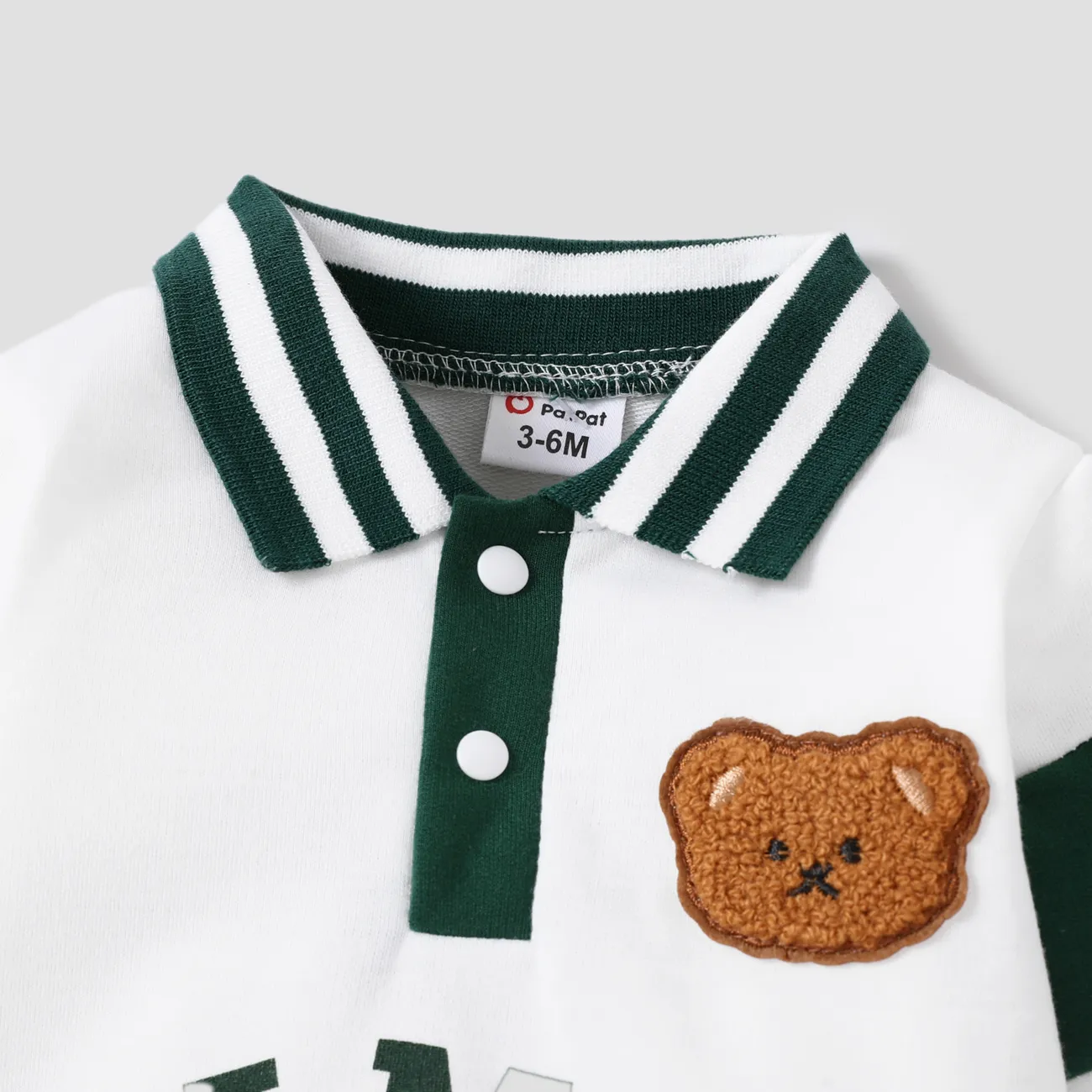 Baby Boy Buttons Front Letters & Bear Graphic Lapel Collar Long-sleeve Jumpsuit  OffWhite big image 1