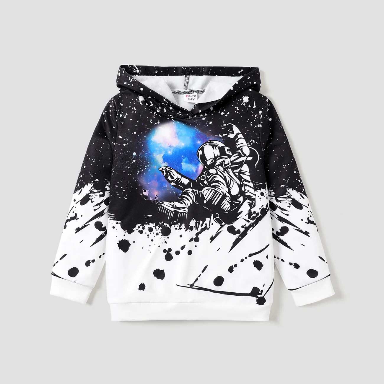 Kid Boy Space Print Trendy Hooded Long Sleeve Sweatshirt BlackandWhite big image 1