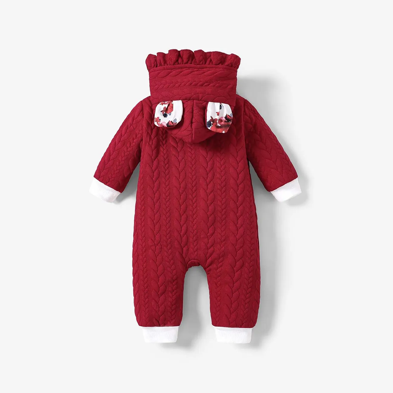 Baby Girl Button Front Frill Trim 3D Ears Hooded Long-sleeve Textured Jumpsuit Burgundy big image 1
