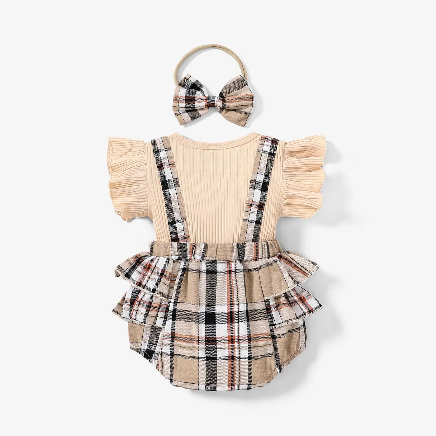 2pcs Baby Girl 95% Cotton Ribbed Ruffle-sleeve Bow Decor Spliced Plaid Romper & Headband Set  image 2