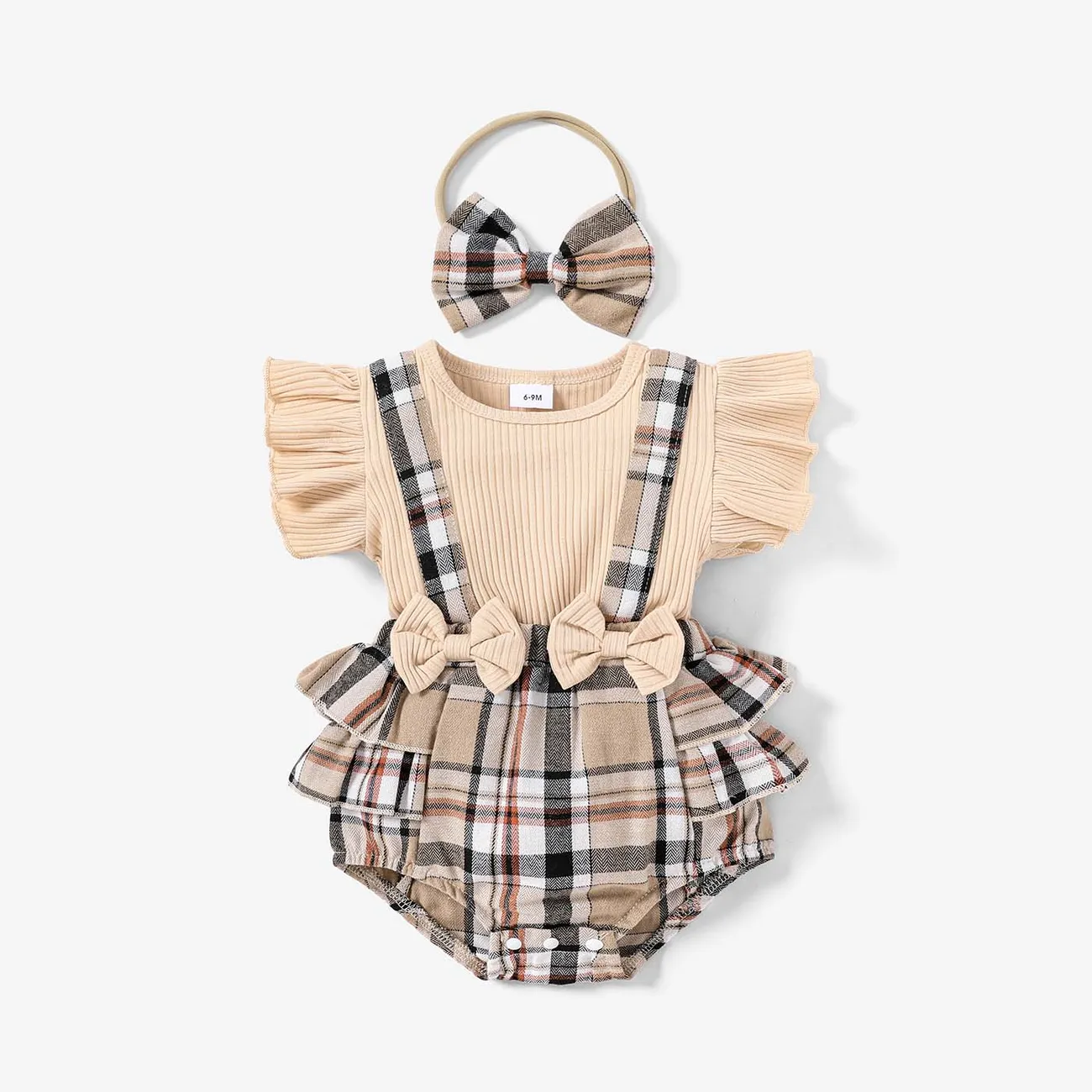 2pcs Baby Girl 95% Cotton Ribbed Ruffle-sleeve Bow Decor Spliced Plaid Romper & Headband Set big image 1