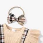 2pcs Baby Girl 95% Cotton Ribbed Ruffle-sleeve Bow Decor Spliced Plaid Romper & Headband Set  image 3