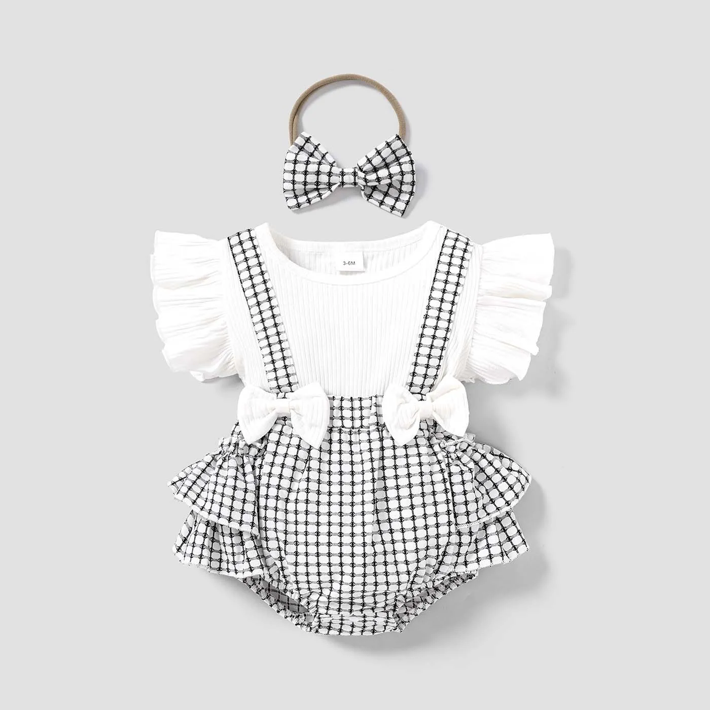 2pcs Baby Girl 95% Cotton Ribbed Ruffle-sleeve Bowknot Splicing Plaid Layered Romper With Headband Set