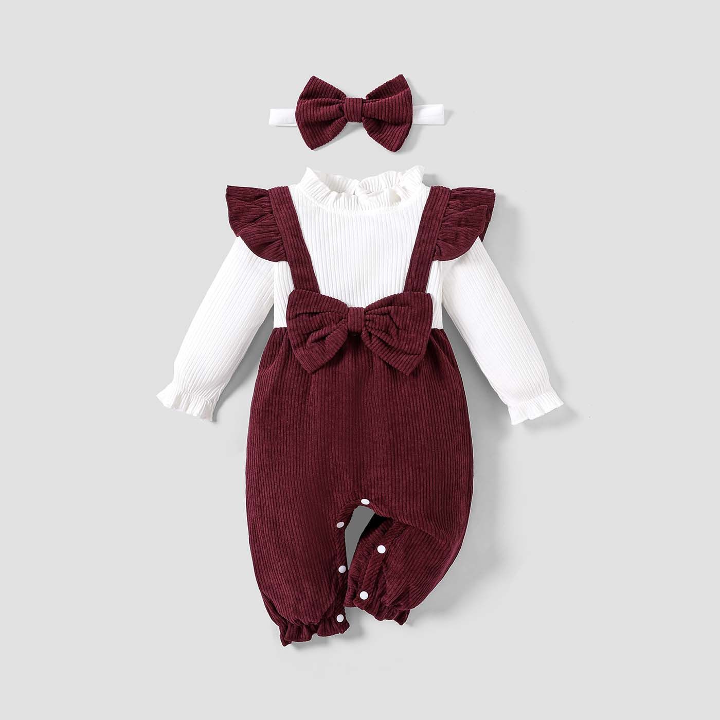 2pcs Baby Girl Ribbed Ruffle Bow Decor Long-sleeve Jumpsuit And Headband Set