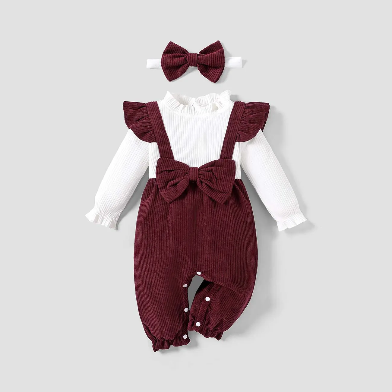2pcs Baby Girl Ribbed Ruffle Bow Decor Long-sleeve Jumpsuit and Headband Set  big image 1