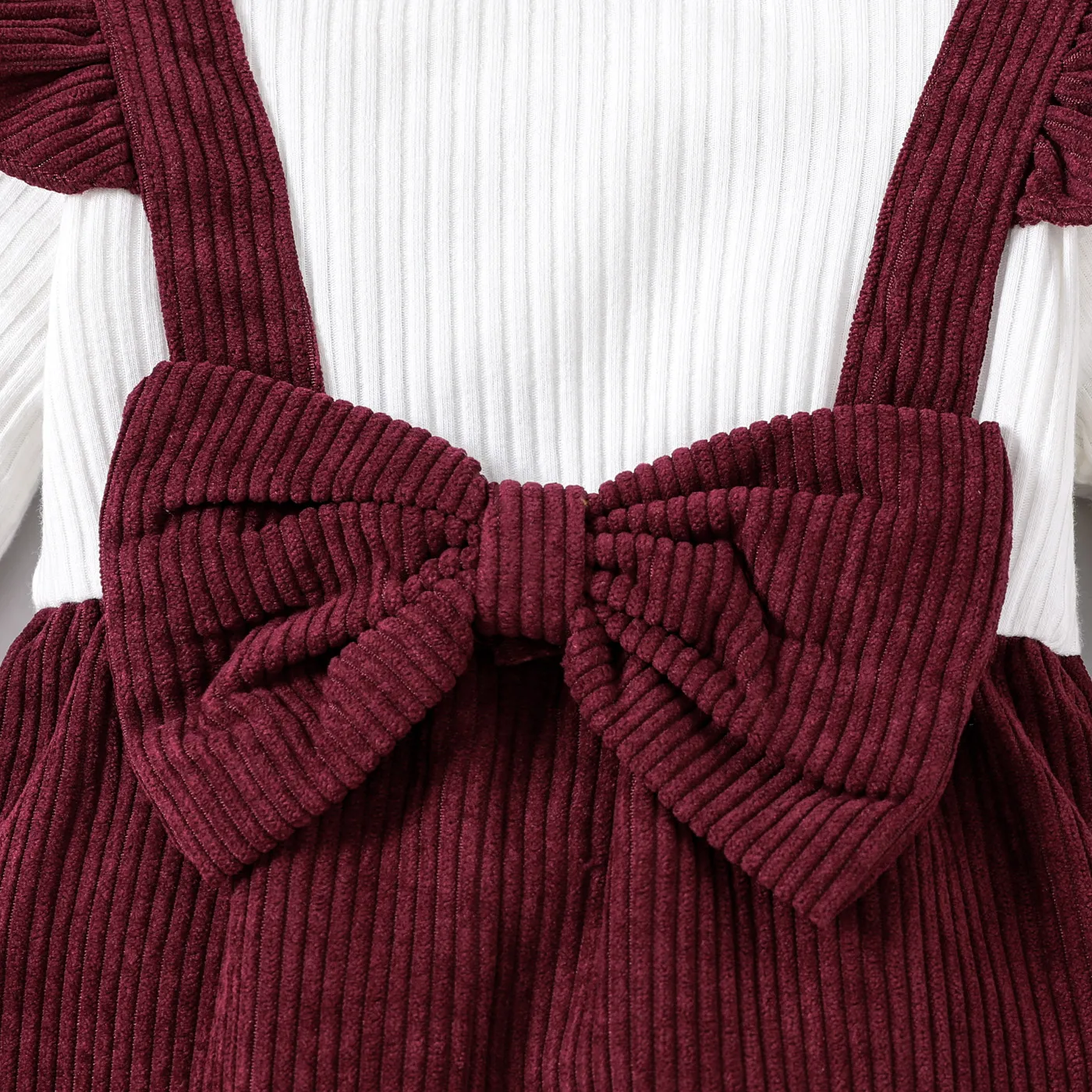 2pcs Baby Girl Ribbed Ruffle Bow Decor Long-sleeve Jumpsuit and Headband Set  image 4