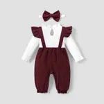 2pcs Baby Girl Ribbed Ruffle Bow Decor Long-sleeve Jumpsuit and Headband Set  image 2