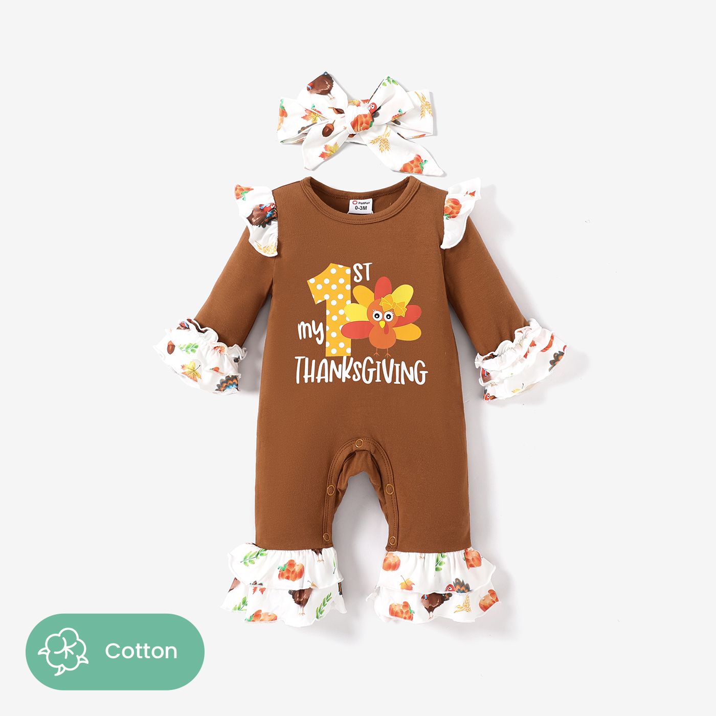 

2PCS Baby Girl Thanksgiving Letter Pattern Ruffle Edge Jumpsuit